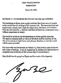El mensaje, firmado por Bush y remitido a los medios.